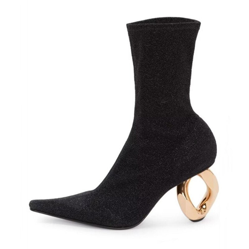 Spring and Autumn Women's New Metal Shaped High Heels Fashion Pointed Short Boots Sexy Model Show Large Women's Boots