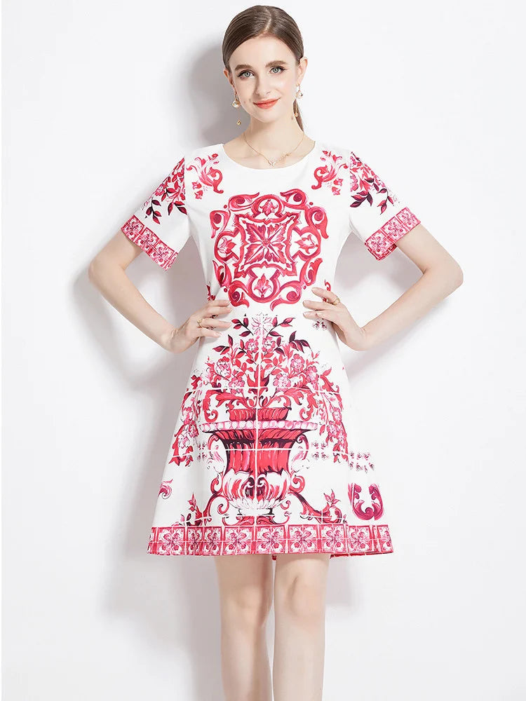 JAMERARY Summer Runway Fashion Red Blue White Porcelain Floral Dress Women's Short Sleeve Flower Printing A Line Mini Vestidos Red