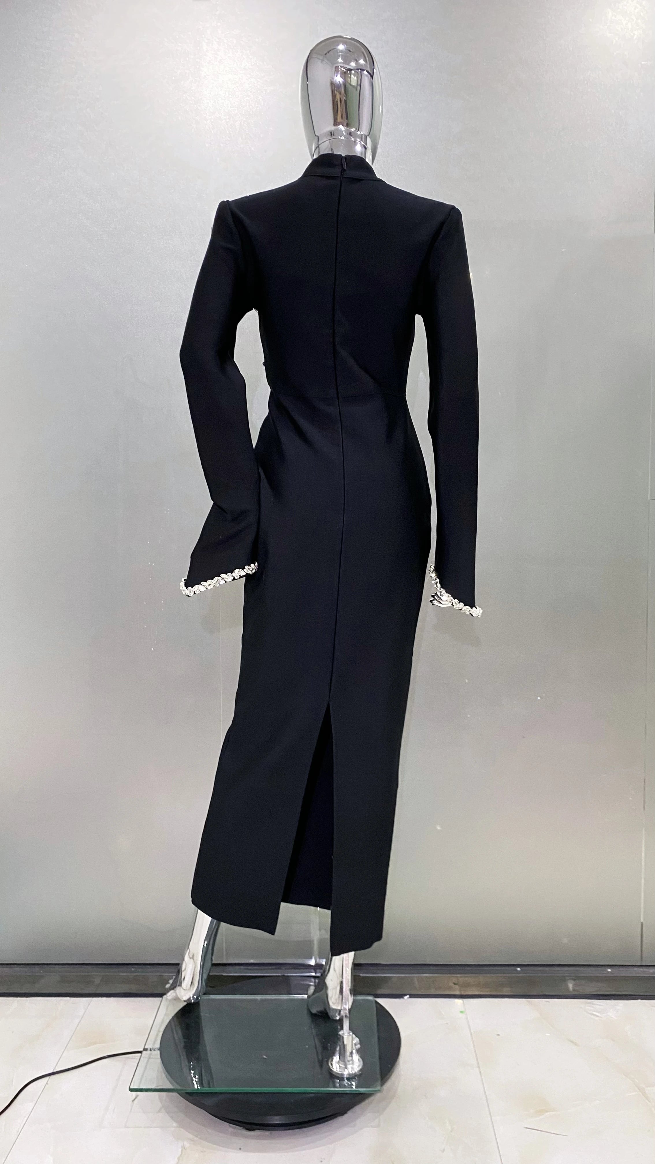 Shining Diamonds Half High Collar Black Long Bandage Dress Elegant Woman Evening Party Dress Cocktail Party Outfit