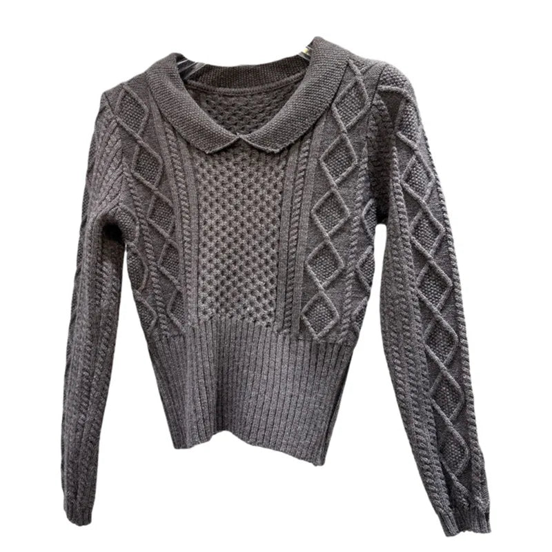 Winter New Fashion Style Lapel Edge Pattern Short Knitted Sweater For Women Solid Color Slim Fit Pullover 11A07925