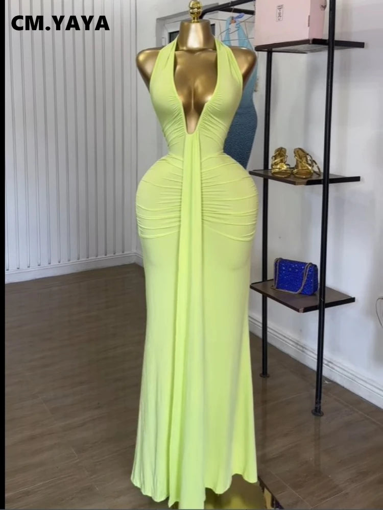 CM.YAYA Women Halter V-neck Stacked Ruched Backless Bodycon Midi Maxi Long Dress 2025 Vacation Birthday Sexy Party Club Dresses Light Green