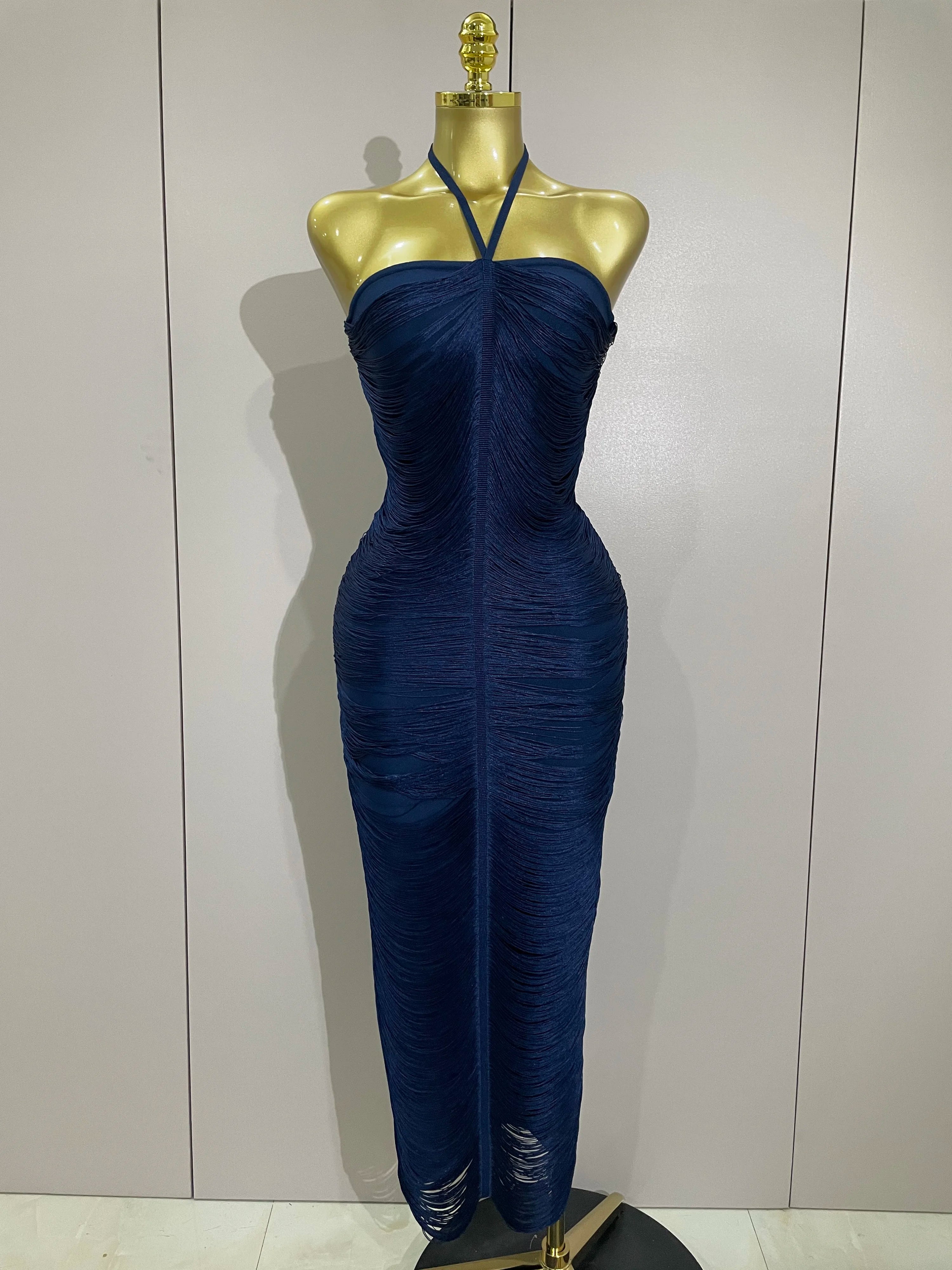 Sexy Backless Green Tassel Ankle Bodycon Bandage Dress 2025 Women Celebrity Elegant Evening Club Luxury Birthday Party Outfit Navy Blue