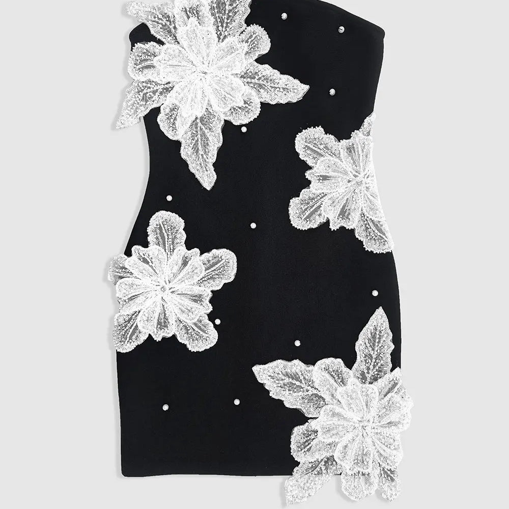 2024 Autumn Wome Strapless Sleeveless Sexy Bandage Dress With Three-Dimensional Flower Bead Design Bodycon Backless Mini Dress black