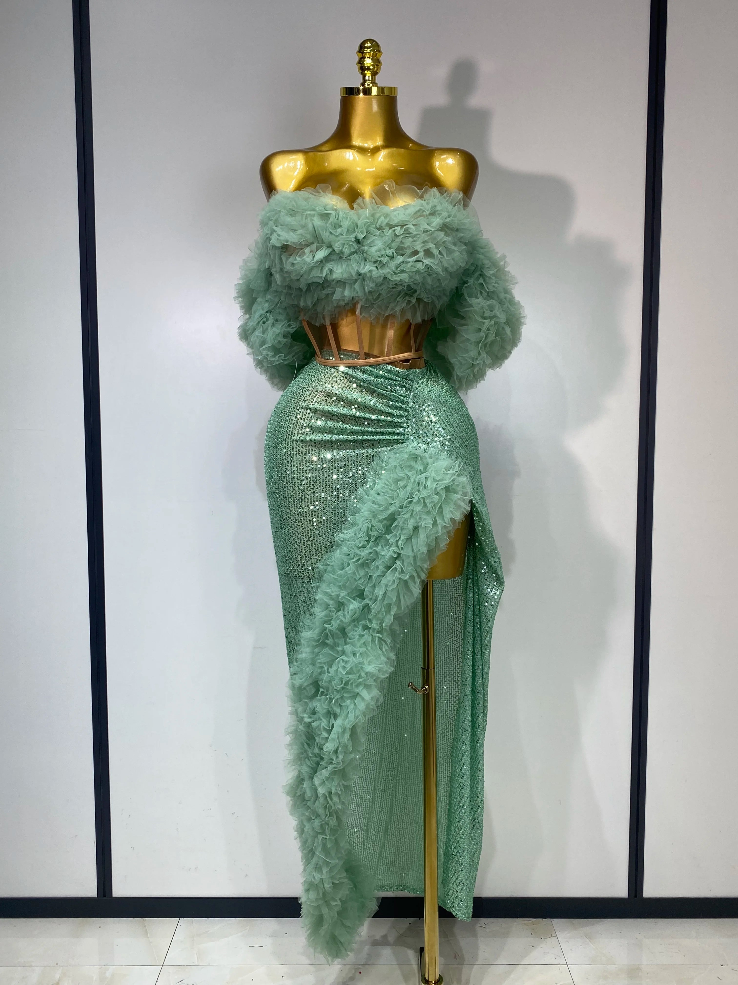 Women Elegant Sparkly Sequins Top Long Skirt Two Pieces Set Evening Party Luxury Birthday Nightclub Singer Dancer Stage Outfit green