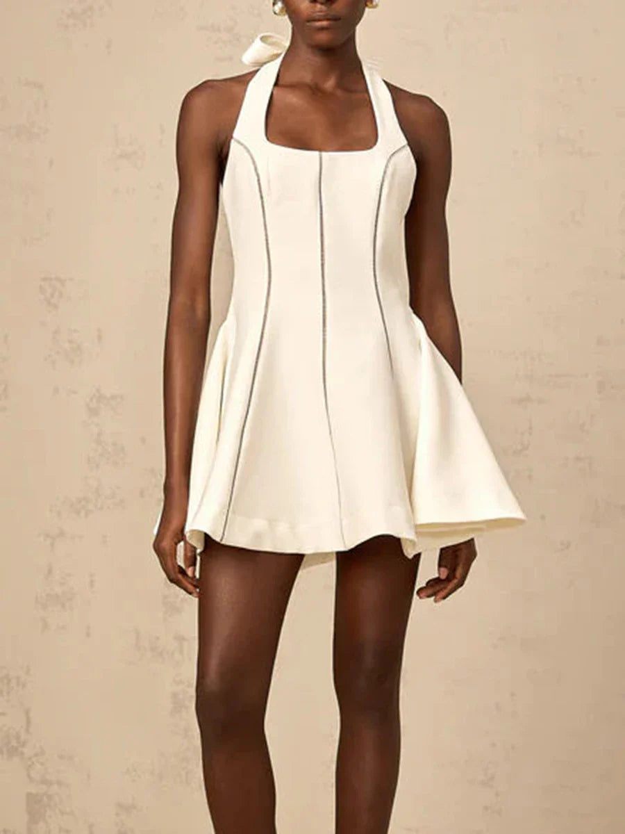 Solid Slimming Fashion Mini Dresses for Women Halter Neck Sleeveless Patchwork Bow Tunic Elegant Dress Female New WHITE
