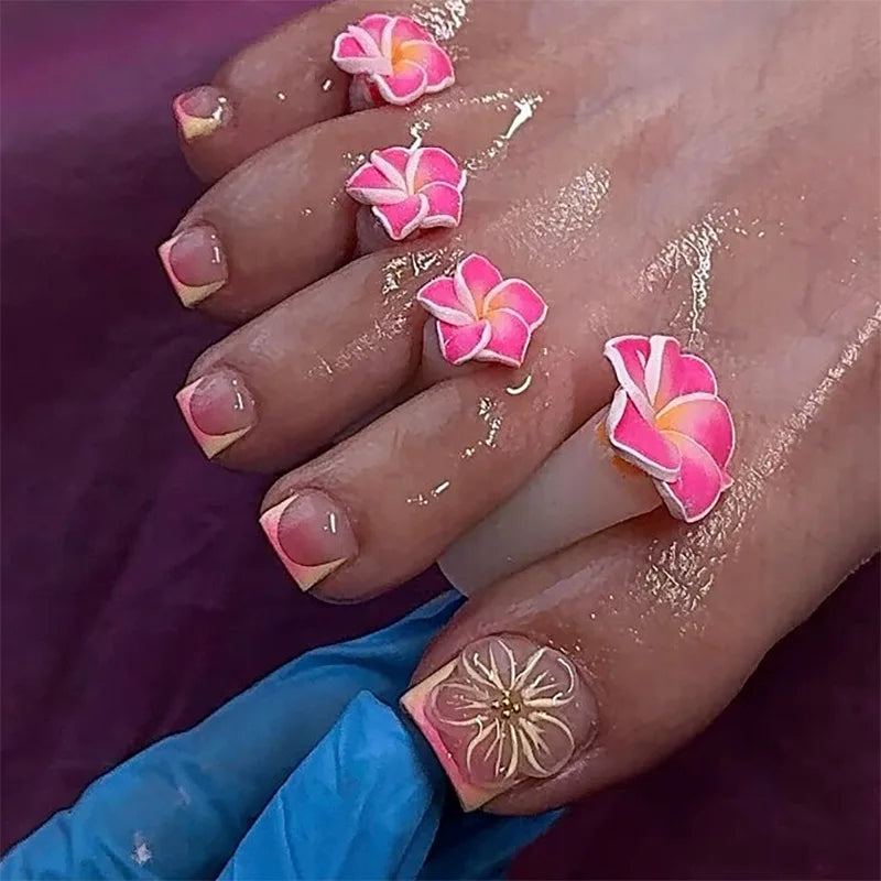 24pcs French False Toe Nails 3d Flowers Design Nail Art Press on Toenails Women Girl Wearable Ins Simple Square Fake Toenails Style 2