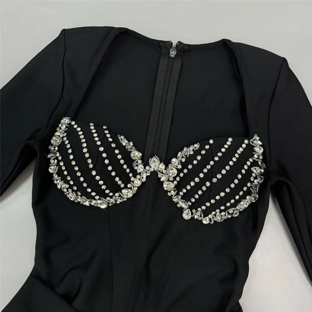 Top Quality Women Long Sleeve Sexy Square Collar Shinning Diamond Bodycon Long Bandage Dress Elegant Evening Party Cocktail Wear