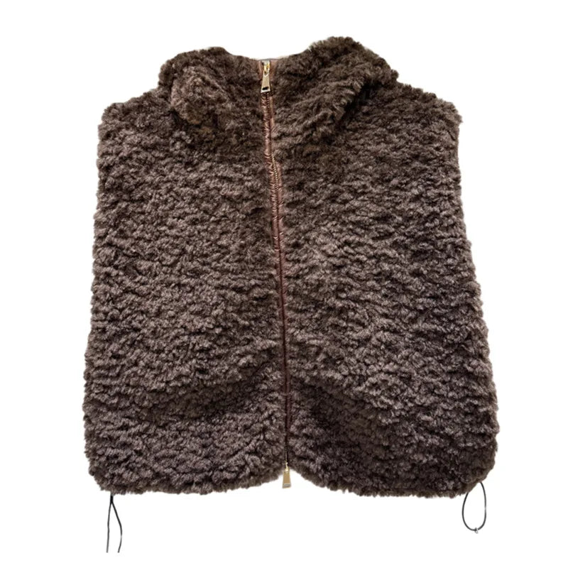 Winter New Fashion Fur Patchwork Design Hooded Warm Cotton Vest For Women Versatile High Street Waistcoat 11A07740