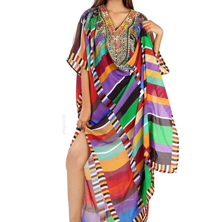 Plus Size Multicolored Loose Dress Cotton Tunic Women Large Size Beach Wear Kaftan Bohemian Printed Loose Beach Dresses