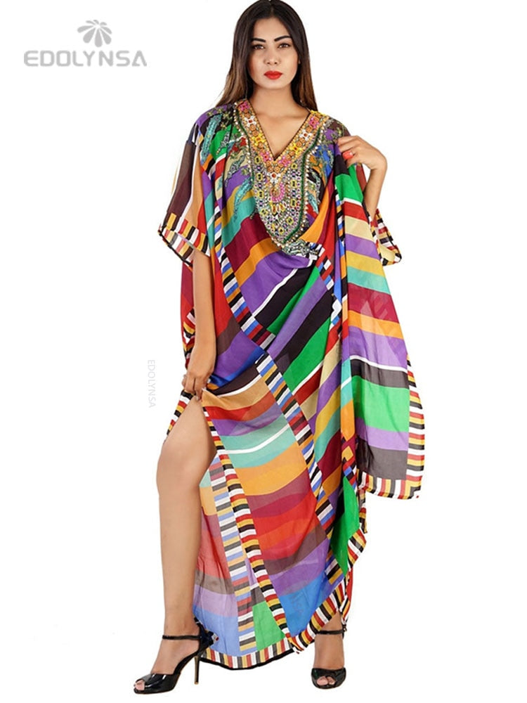 Plus Size Multicolored Loose Dress Cotton Tunic Women Large Size Beach Wear Kaftan Bohemian Printed Loose Beach Dresses