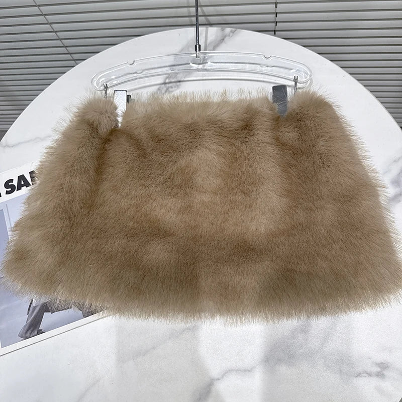 Winter New Fashionable Faux Fur Furry Short Skirt For Women High Waist A-line Wrapped Hip Mini Skirts Female 11A07678