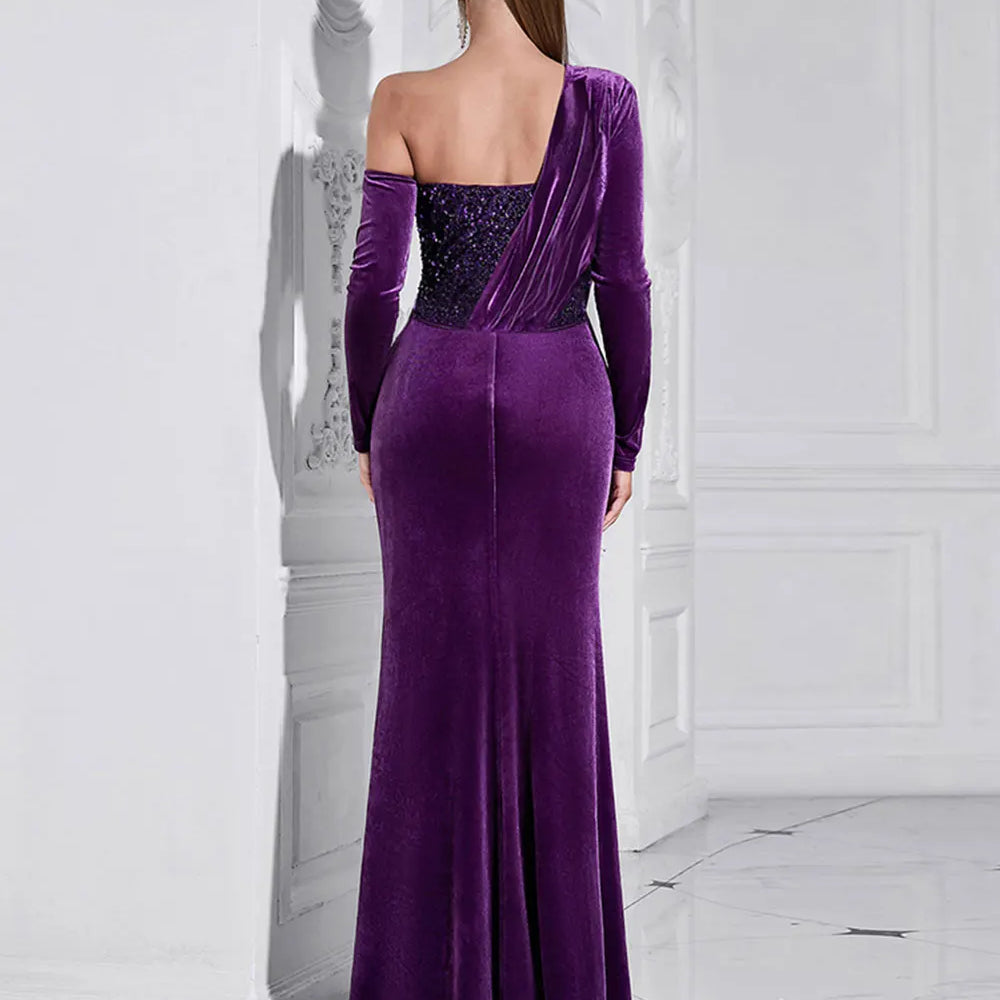 2024 Sexy Women Light Luxury Sparkle Velvet Dress with Diagonal Collar Long Sleeve Draped Bodycon Split Body Long Dress Vestidos