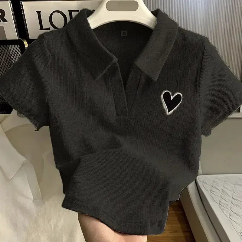 Loves Embroidery T-shirt Polo Collar Orthoshoulder Slim Hotsweet Women's Crop Top Korean Fashion Hottie Simple Casual Wholesale black