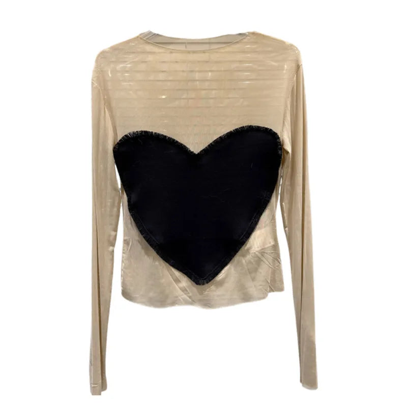Winter New Fashion Heart Pattern Contrast Color Long Sleeve Mesh T-Shirt For Women Versatile Slim Fit Tops 11A07586