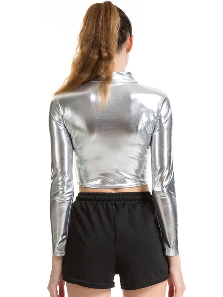 PU ショートトップ女性光沢のあるレザートップハイストリートタートルネックダンスクラブウェア長袖トップスゴールドシルバー衣装 Tシャツ