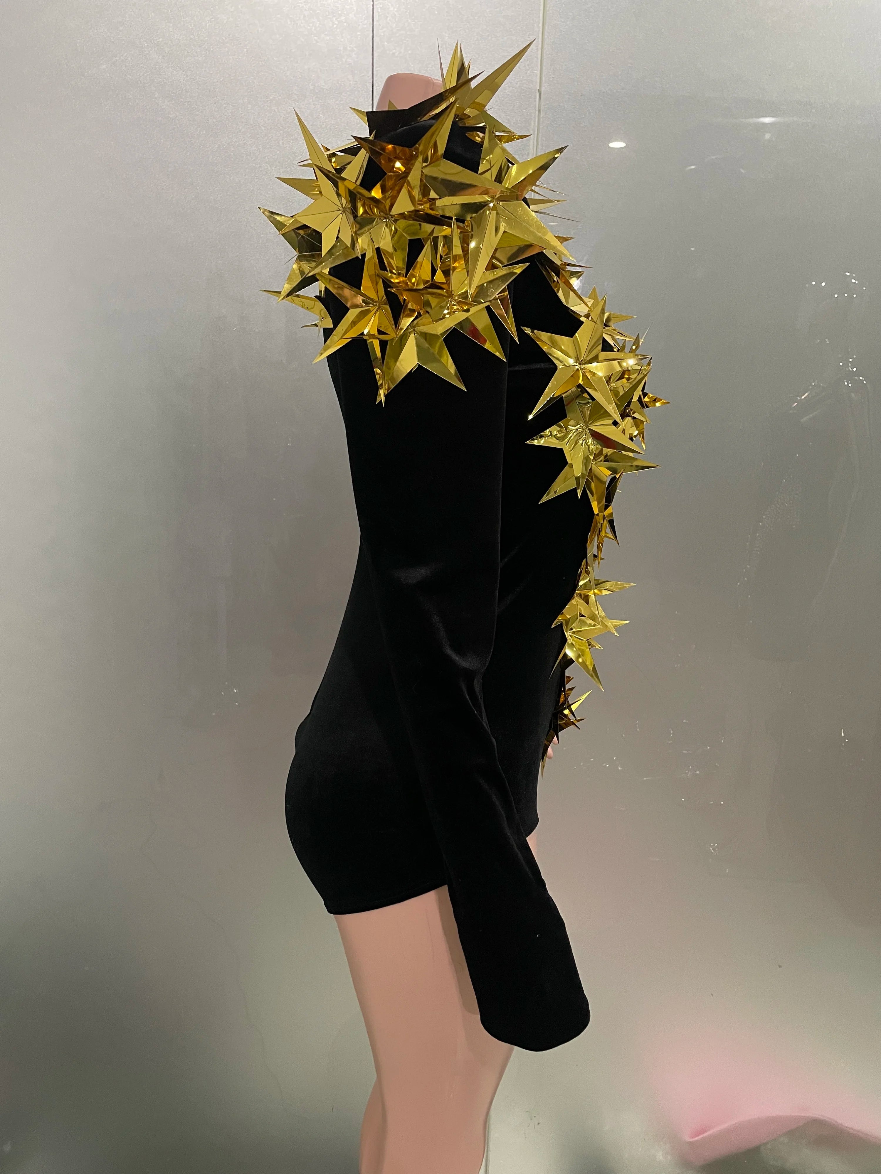Shiny Gold Rhinestone Black Velvet Long Sleeve Bodysuit 2025 Women Evening Party Club Gala Hosts Night Club Bar Stage Costumes