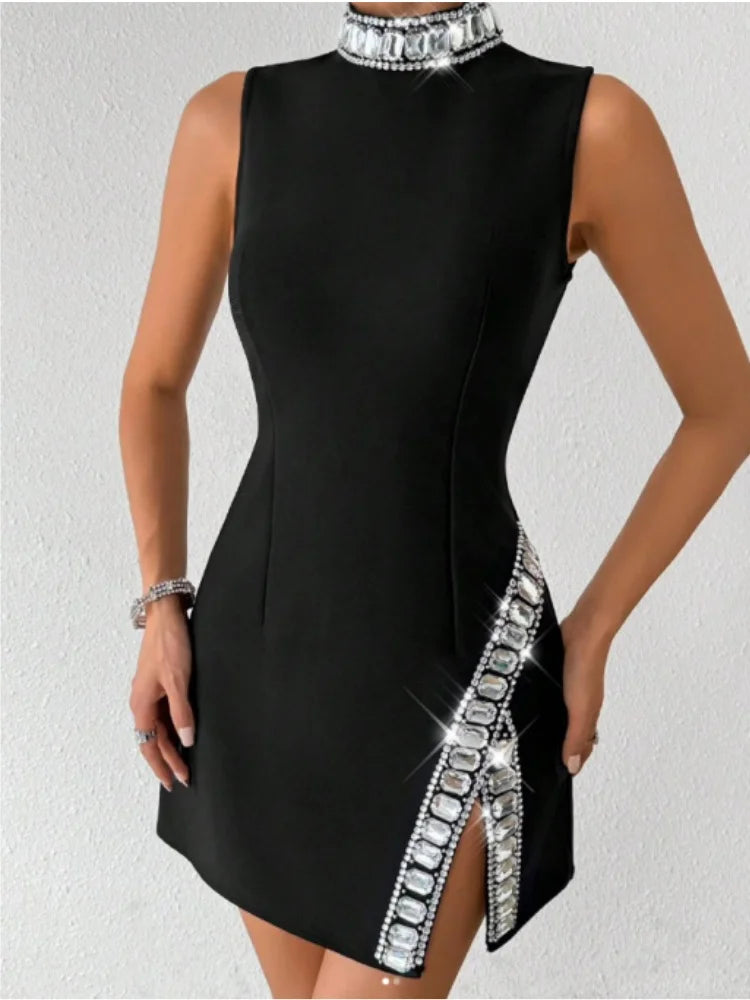 Women Sleeveless Sexy O-Neck Big Crystal Bodycon Bandage Mini Dress Nightclub Party Celebrate Fashion Birthday Wear