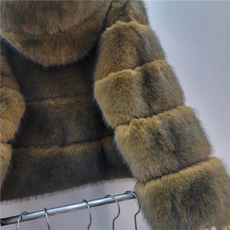 Winter New Fashion Hooded Short Faux Fur Coat For Women Loose Versatile Loose High Quality Overcoat Female 11A07878