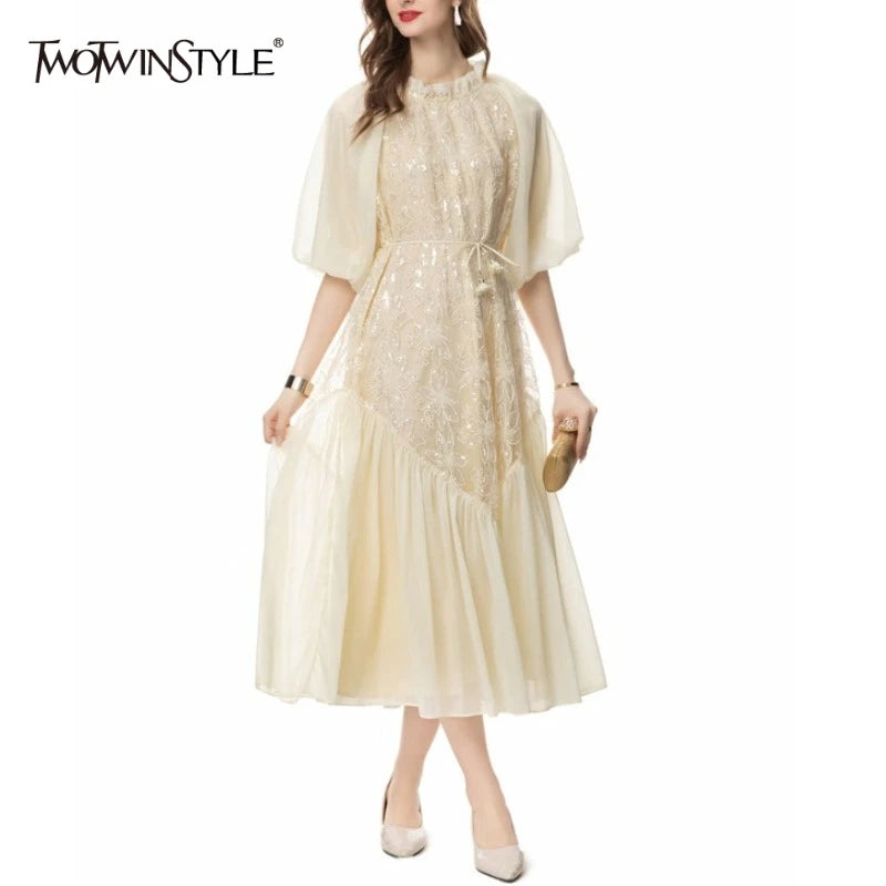 TWOTWISTYLE Solid Loose Spliced Embroidery Elegant Dresses for Women Round Neck Half Sleeves Patchwork Sequins Dress Female New