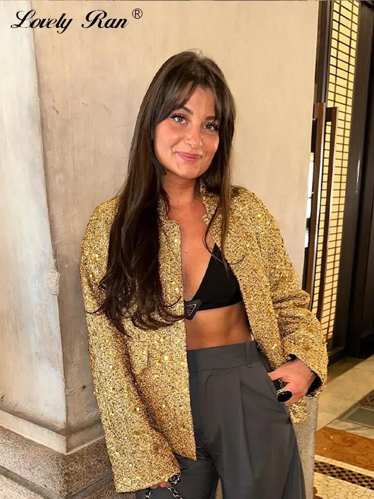 Sequin Women Coat Gold Long Sleeve Stand Collar Gold Female Jacket Autumn Winter Fashion Single Breasted Party Lady Outwear