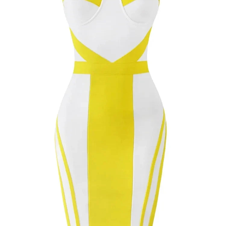 2024 Sexy Women'S Yellow Striped Patchwork White Bandage Dress Strapless Sleeveless Backless Bodycon Mini Dresses Party Vestidos Yellow