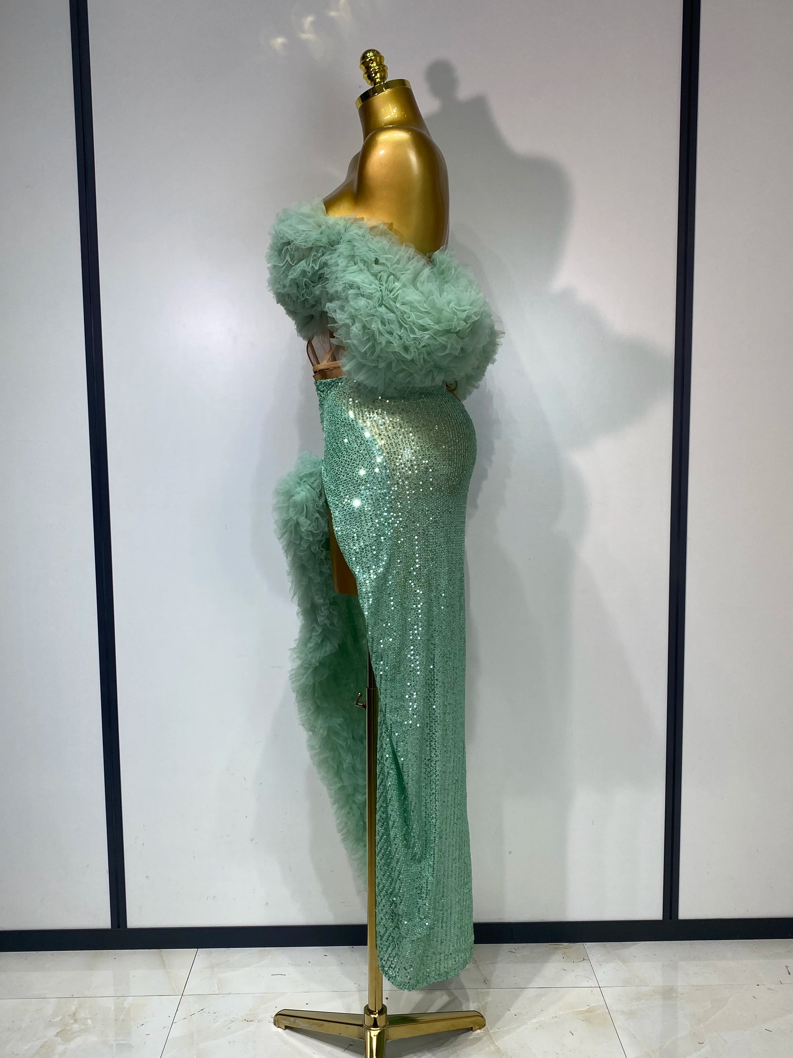 Women Sexy Sparkly Sequins Top Long Skirt Two Pieces Set Festival Celebrate Evening Party Luxury Birthday Nightclub Stage Outfit