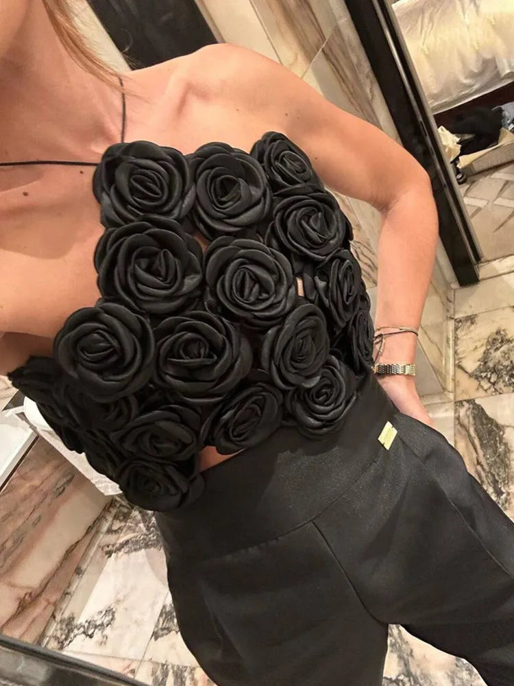 Women Summer Celebrity Sexy Halter Backless Flower Black Bandage Tops 2024 Celebrity Designer Fashion High Street Top black