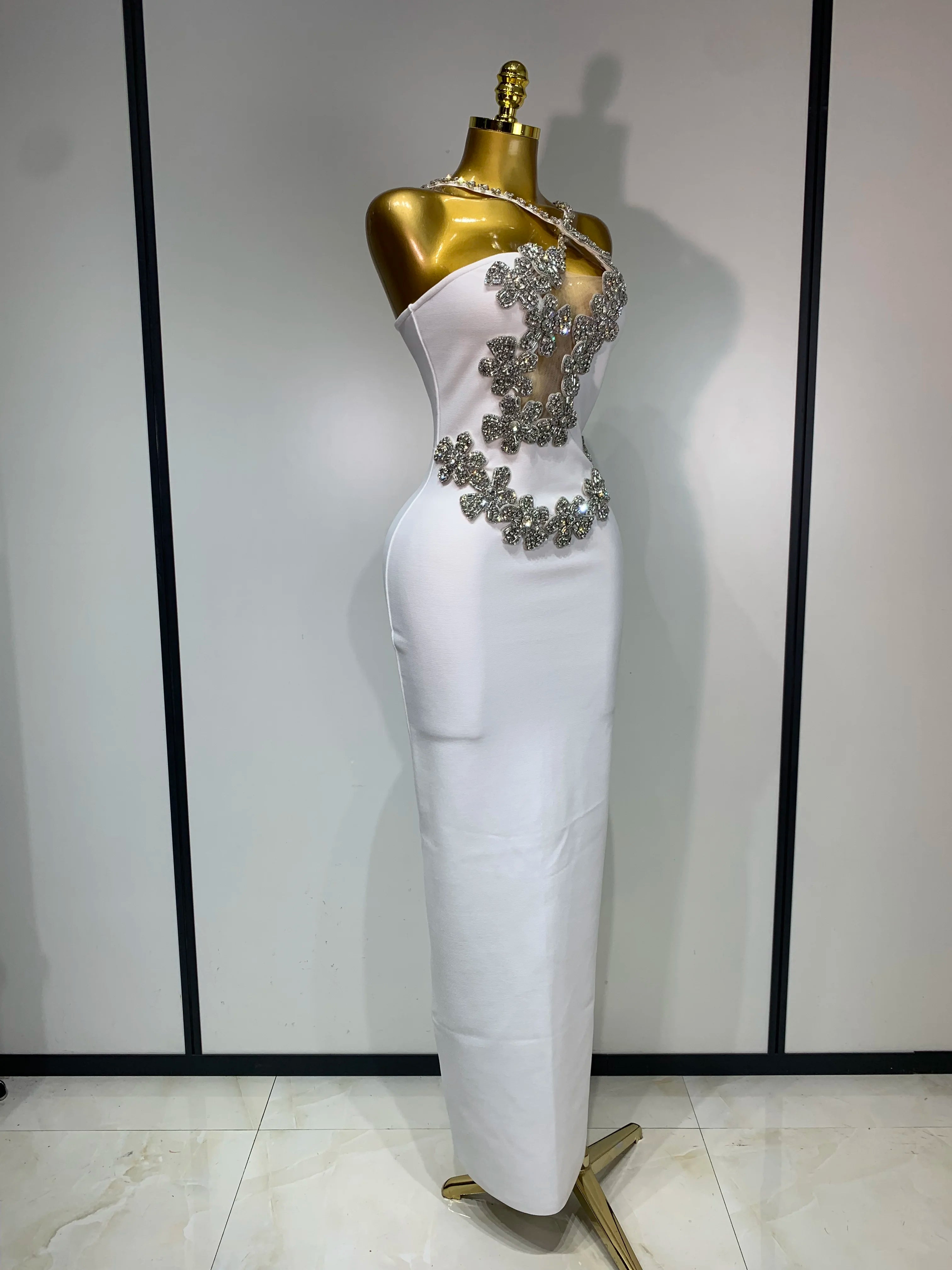 Women Sexy Shining Beading White Maxi Long Bodycon Bandage Dresses Celebrity Birthday Evening Party Elegant Knitted Clothing
