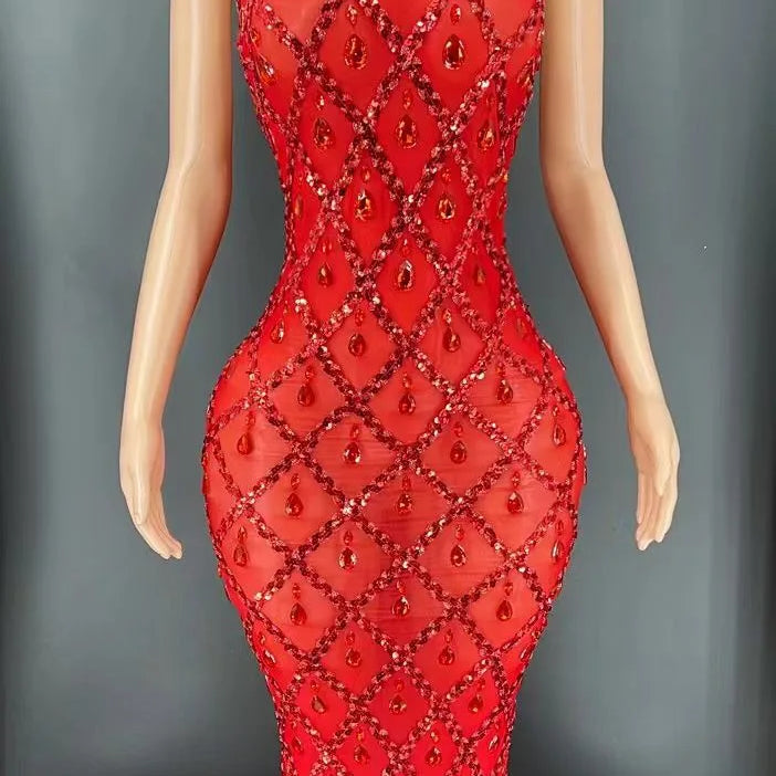 Flashing Silver Rhinestone Crystals Fringes Transparent Short Dress Birthday Celebrate Costume Evening Dancer Dress Red