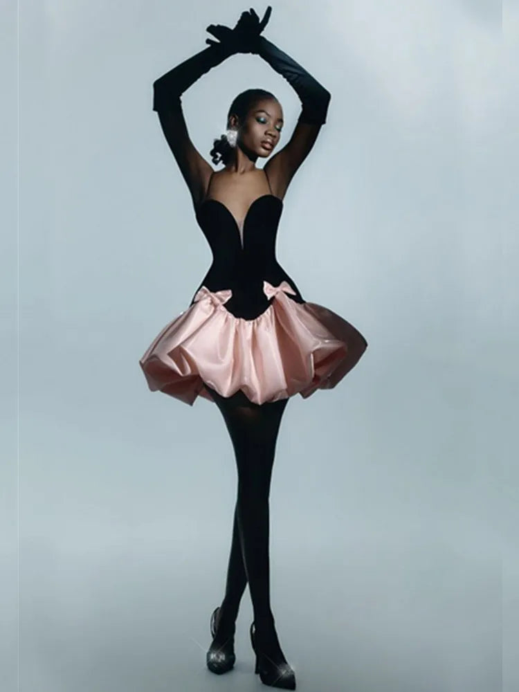 Women Celebrity Sexy Backless Ball Patchwork Pink Black Mini Gowns Dress 2025 Elegant Evening Party Club Vestido