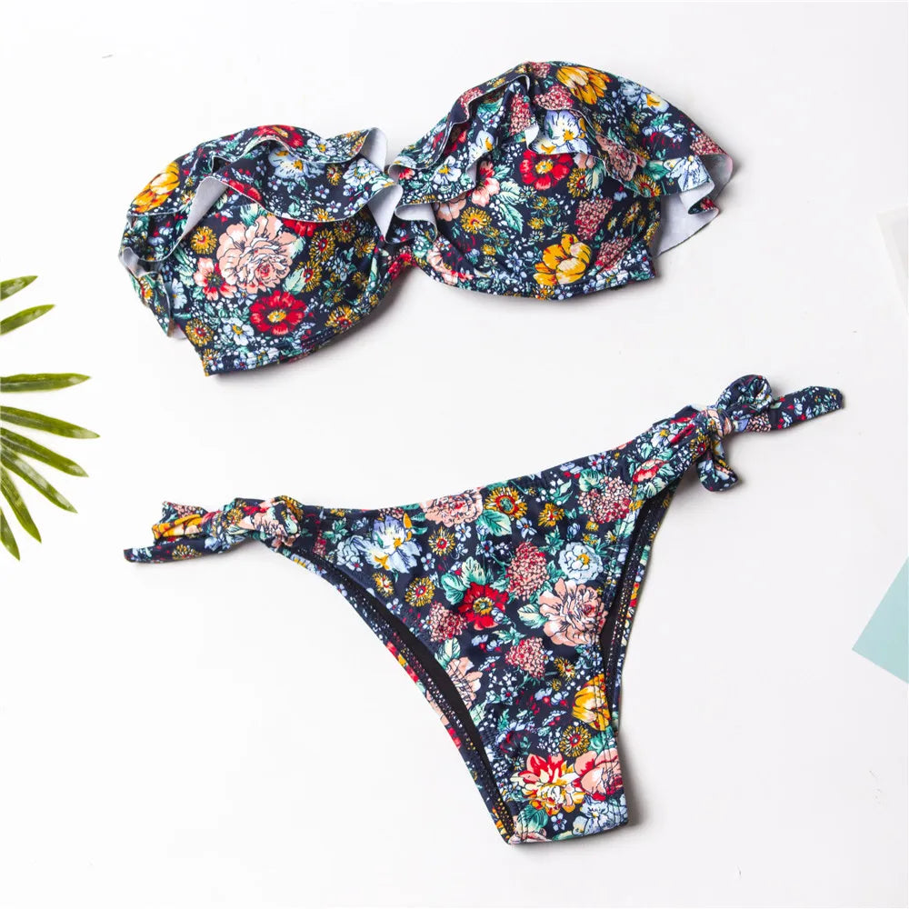 Falbala Print Bikinis Women Mujer Sexy Bandage Biquinis Halter Girls Push Up Swimsuit Swimwear Summer Beach Bathing Suit