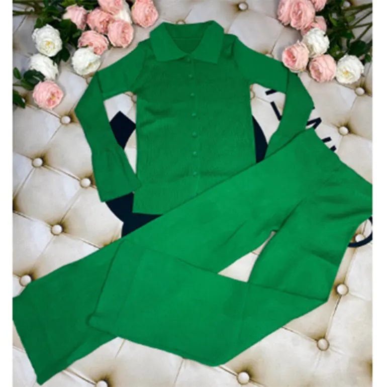 2024 Fashion Slim Knit Pants Set Lapel Flare Long Sleeve Single Breasted Cardigan Sweater & Trousers Two-Piece Set green