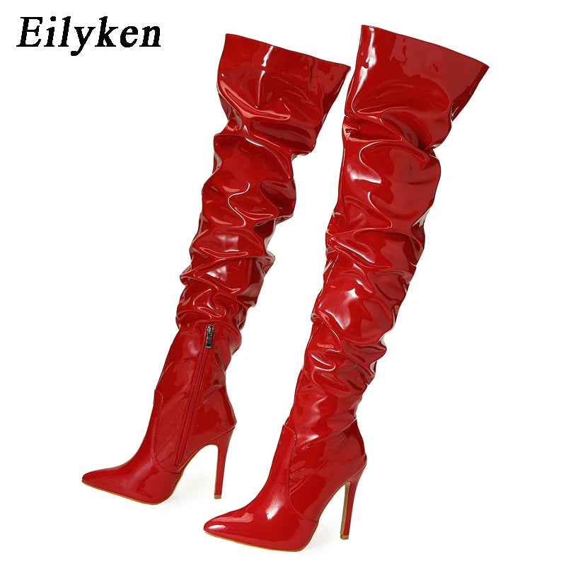 Eilyken Red Women Over The Knee Boots High Heels Patent Leather Solid Pointed Toe Stiletto Side Zipper Sapatos Femininos Red