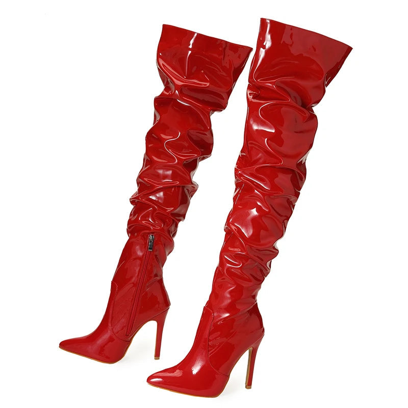 Eilyken Red Women Over The Knee Boots High Heels Patent Leather Solid Pointed Toe Stiletto Side Zipper Sapatos Femininos Red