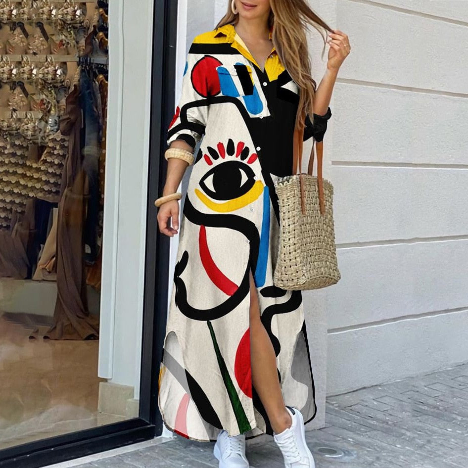 Women's fashion casual dress with loose V-neck print lining