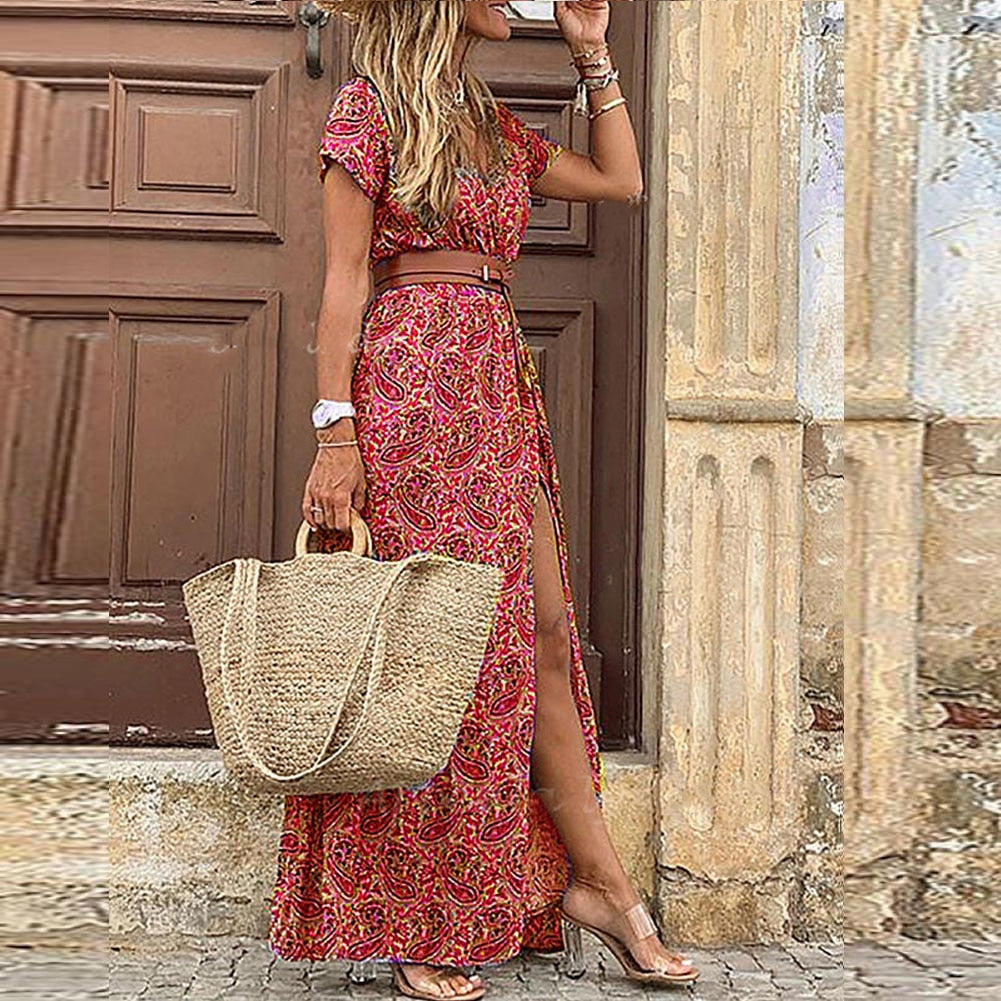 Women Boho Long Dress Fashion Paisley Print V Neck Short Sleeve Dresses Summer Belt Large Hem Beach Dress Elegant Slit Skirt Dark red