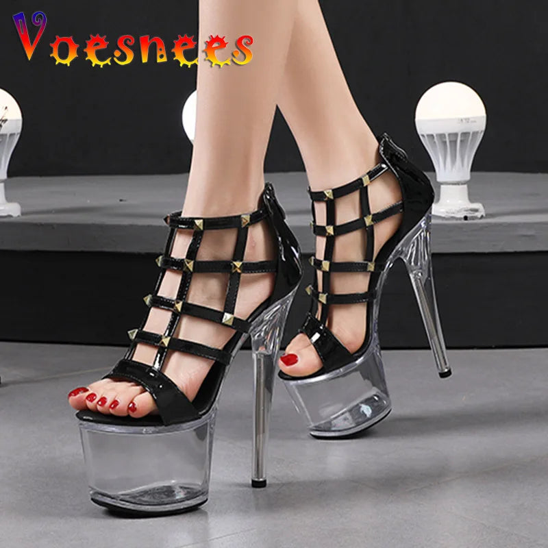 Super High Heel 16.5CM Summer New Metal Rivet Sandals 2022 Chic Sexy Hollow Out Net Transparent Platform Nightclub Ladies Shoes