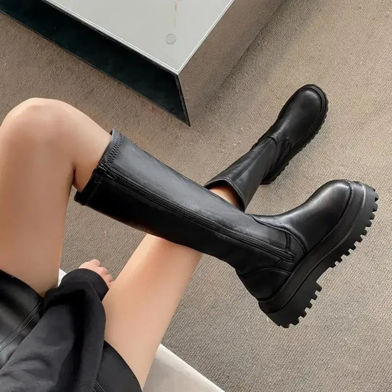 Fashion Platform Mid-Calf Shoes Women Combat Winter Heels Long Thigh High Botas Zipper Knee High Boots For Girls Mujer
