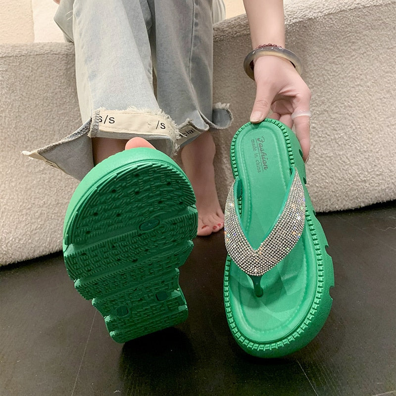 Thick Platform Shiny Crystal Flip Flops Women Summer 2024 Soft Bottom Beach Sandals Shoes Woman Fashion Clip Toe Clogs Slippers