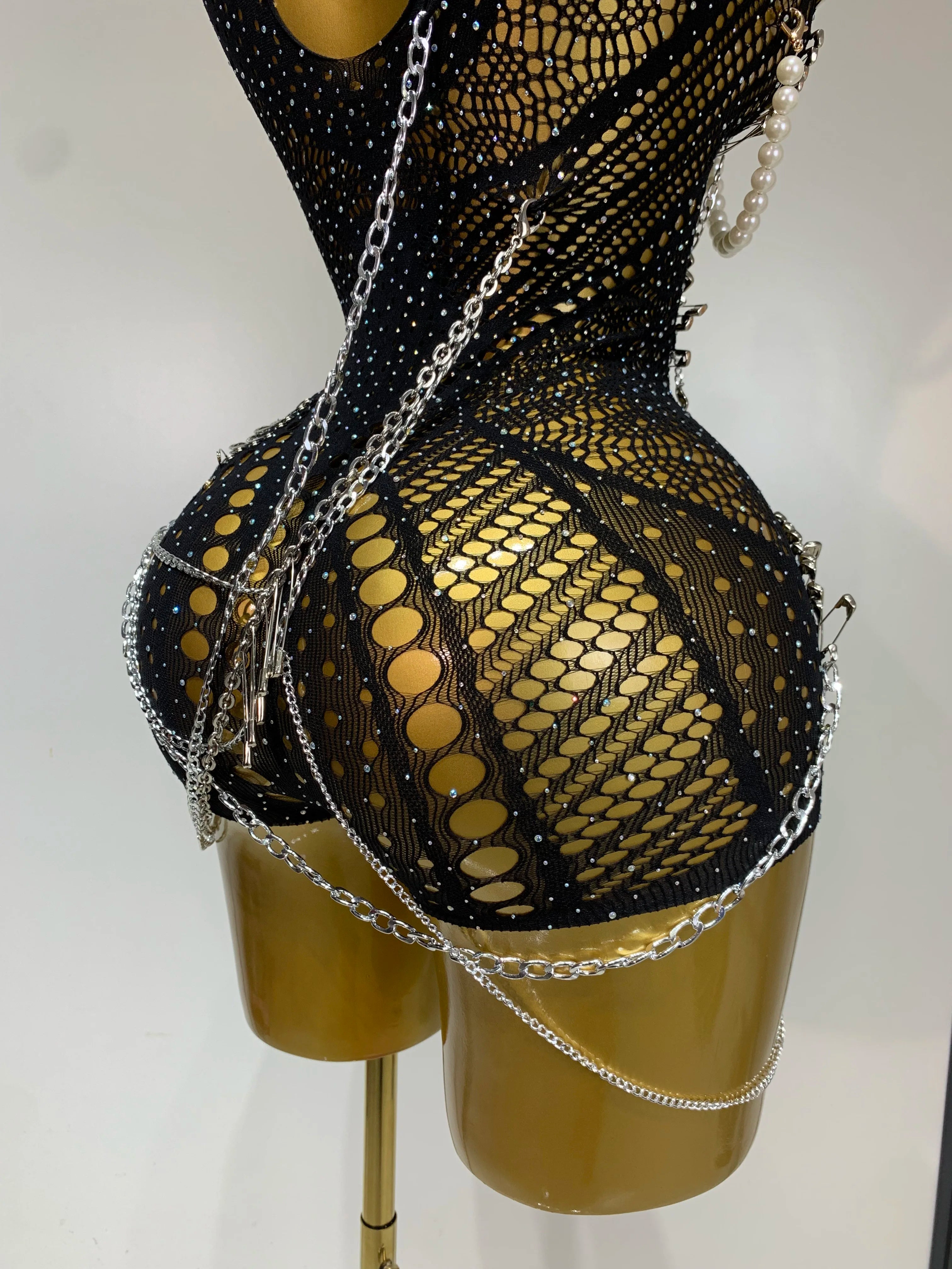 Women Pin Sparkly Crystal Cut Out Sexy Stretch Bodysuit Women Nightclub DJ Clothing Stage Singer Dancer Performance Costume