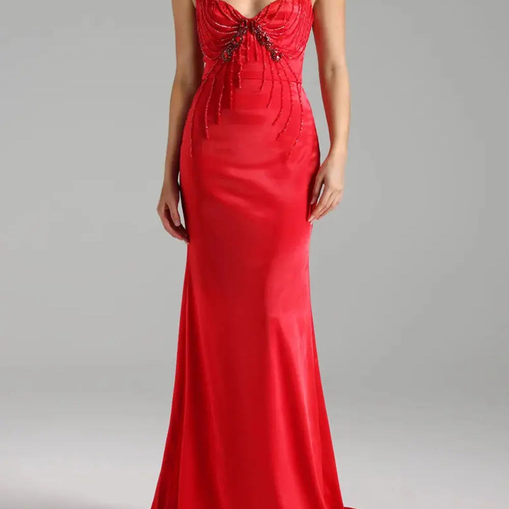 2025 Sexy Women'S Light Luxury Nail Bead Design Tailcoat And Floor Dress Strapless Sleeveless Bodycon Backless Marx Red Dresses