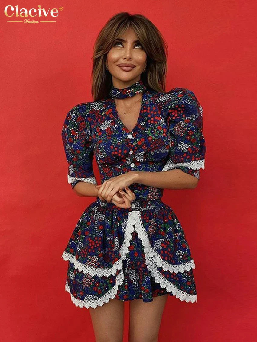 Clacive Vintage Slim Print Women'S Dress Sexy V-Neck Short Sleeve Mini Dresses Elegant Ruffle Lace Spliced Party Dress Female Blue