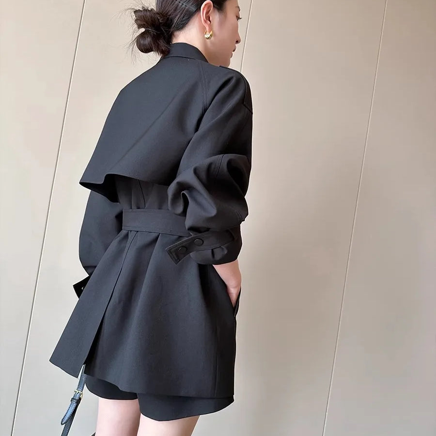 Lautaro Spring Autumn Black Trench Coat for Women Belt Double Breasted Elegant Stylish Chic Luxury Designer Clothes Fashion 2025