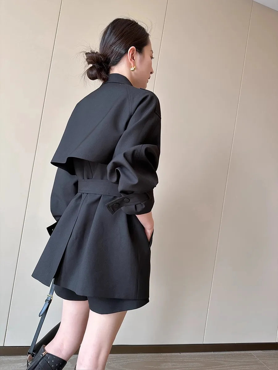 Lautaro Spring Autumn Black Trench Coat for Women Belt Double Breasted Elegant Stylish Chic Luxury Designer Clothes Fashion 2025