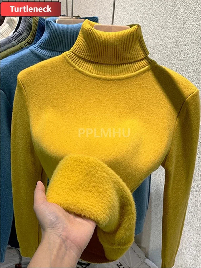 Warm Knit Pullover New Thicken Turtleneck Sweater For Winter Women Casual Slim Plush Lined Soft Long Sleeve Knitwear Jumper Tops basic yellow
