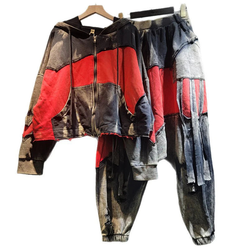 Autumn Fashion Spliced Contrast Color Hooded Short Jacket For Women Tassel Elastic Waist Wide-Leg Pants 11A07535