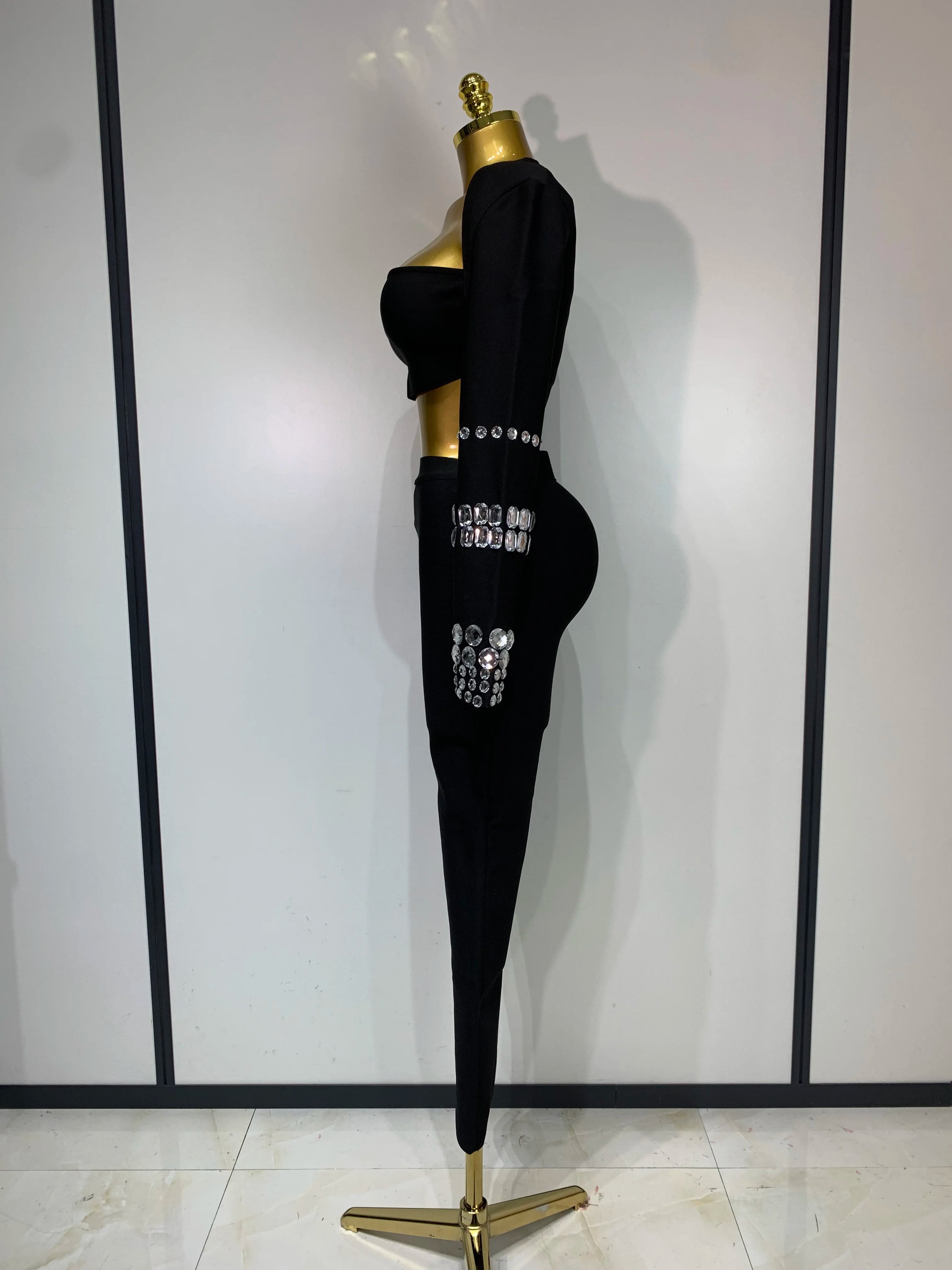 Women Celebrity Sexy Long Sleeve Beading Black Bodycon Bandage Three Piece Set Elegant Evening Club Party Birthday Outfits
