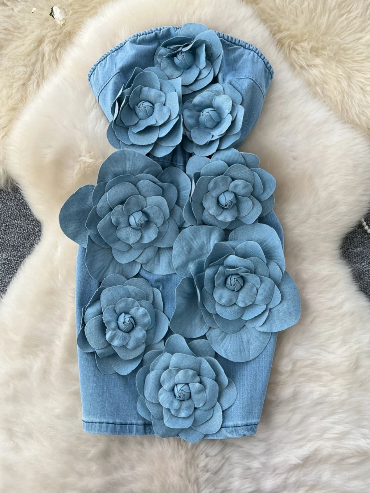 Elegant 3D Flower Rose Short Party Dresses Women Summer Holiday Sleeveless Strapless Corset Blue Denim Jeans Dress Mini Vestidos