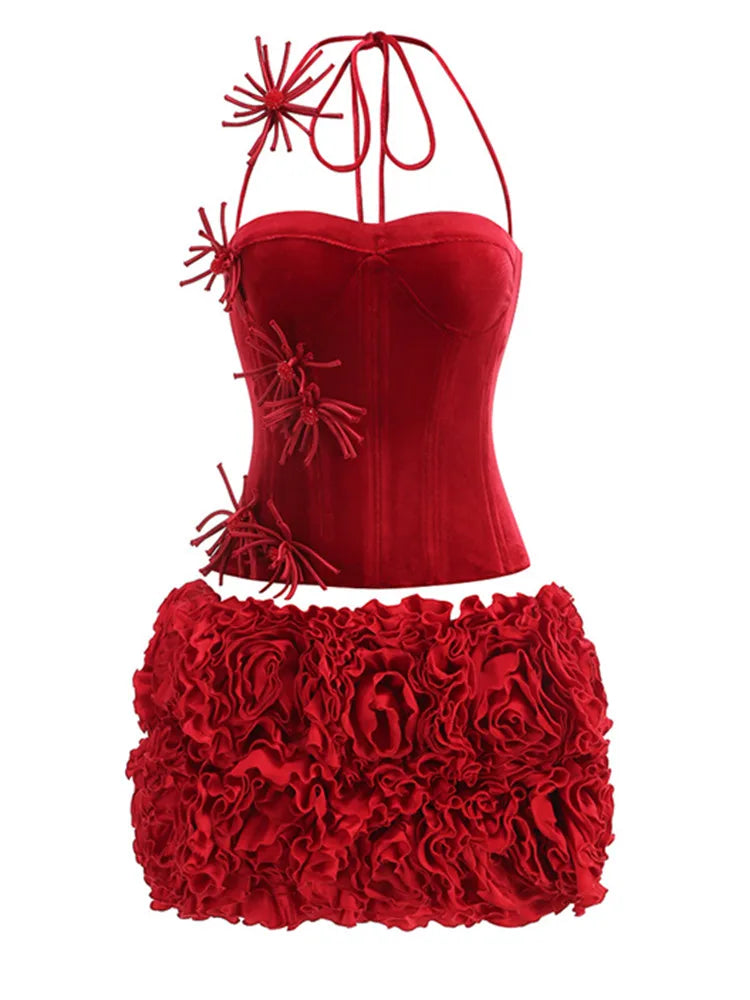 Women Sexy Halter Backless Lacing Flower Black Mini Two Pieces Skirt Bandage Set 2025 Celebrity Designer Fashion Women's Set Red