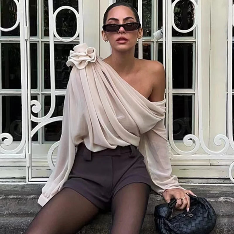 New Sexy Skew Collar Floral Applique Mesh Chiffon Tops For Women Elegant Fashion Club Cropped Tops See Through Pullover